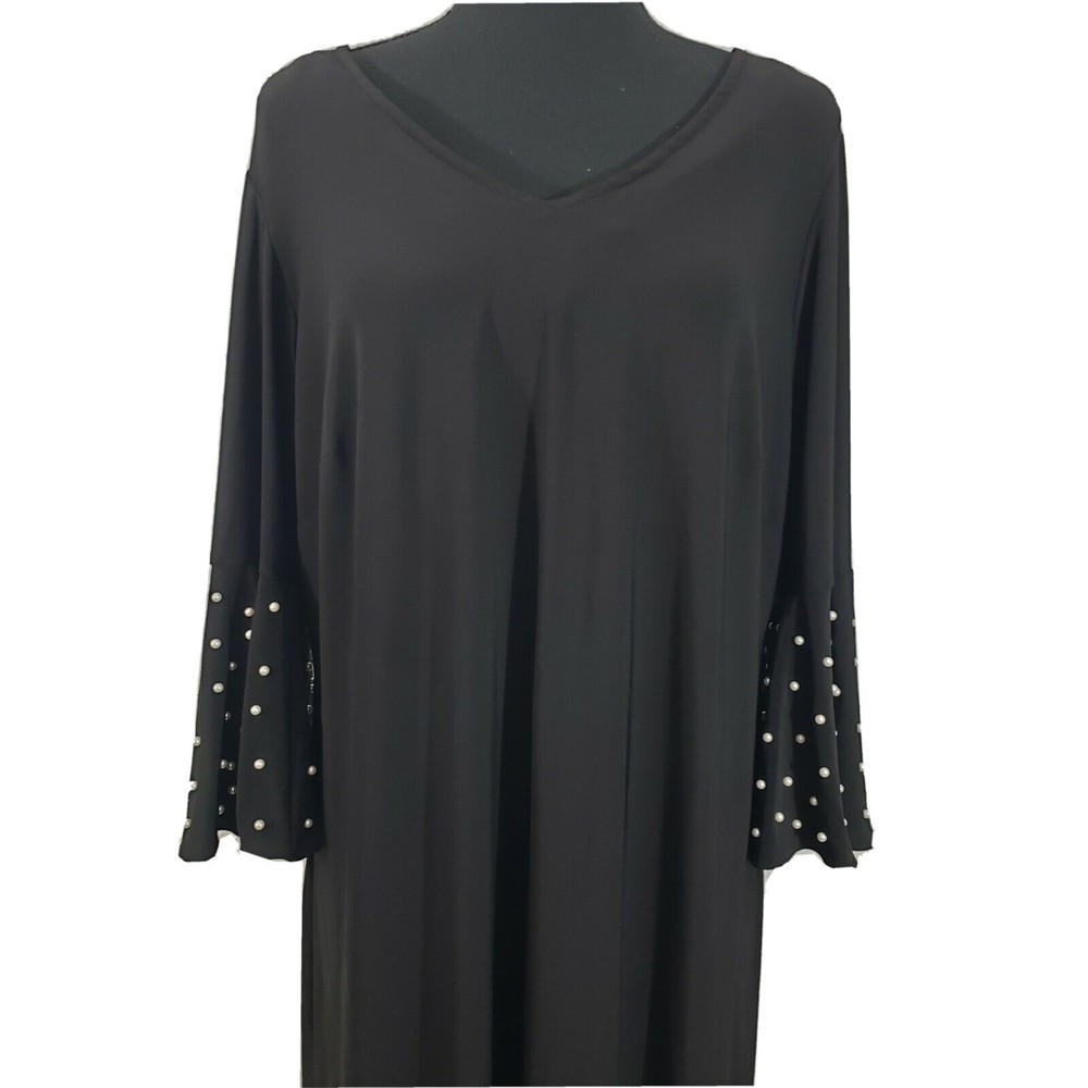 Women's Roz & Ali 1X Black Pearl Embellished Flutter Sl. Open Back Midi Dress - Picture 2 of 6